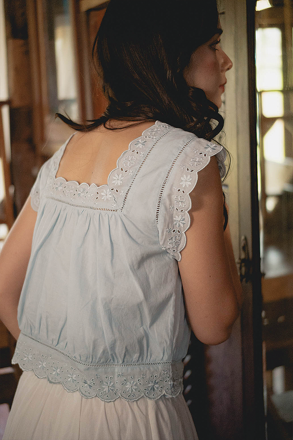 Clover Broderie Square Blouse (Ice Blue)