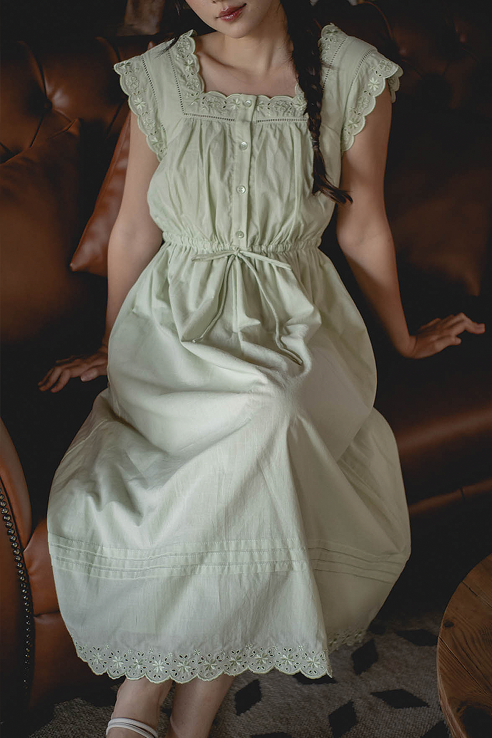 Clover Broderie Square Drawstring Dress (Sage)