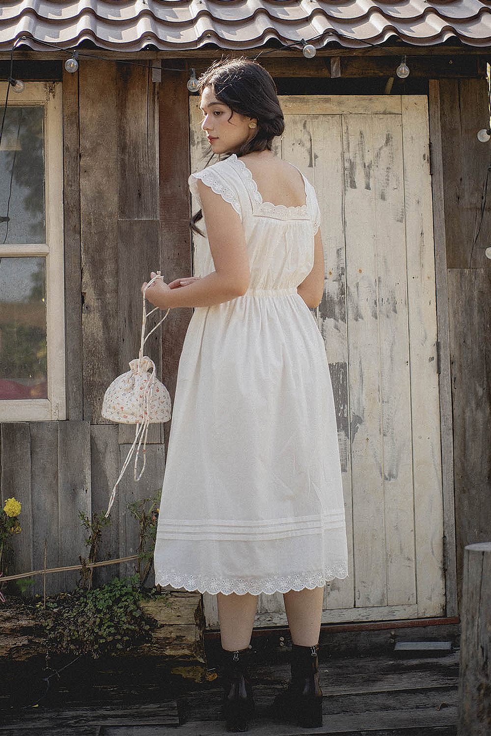 Clover Broderie Square Drawstring Dress (White)