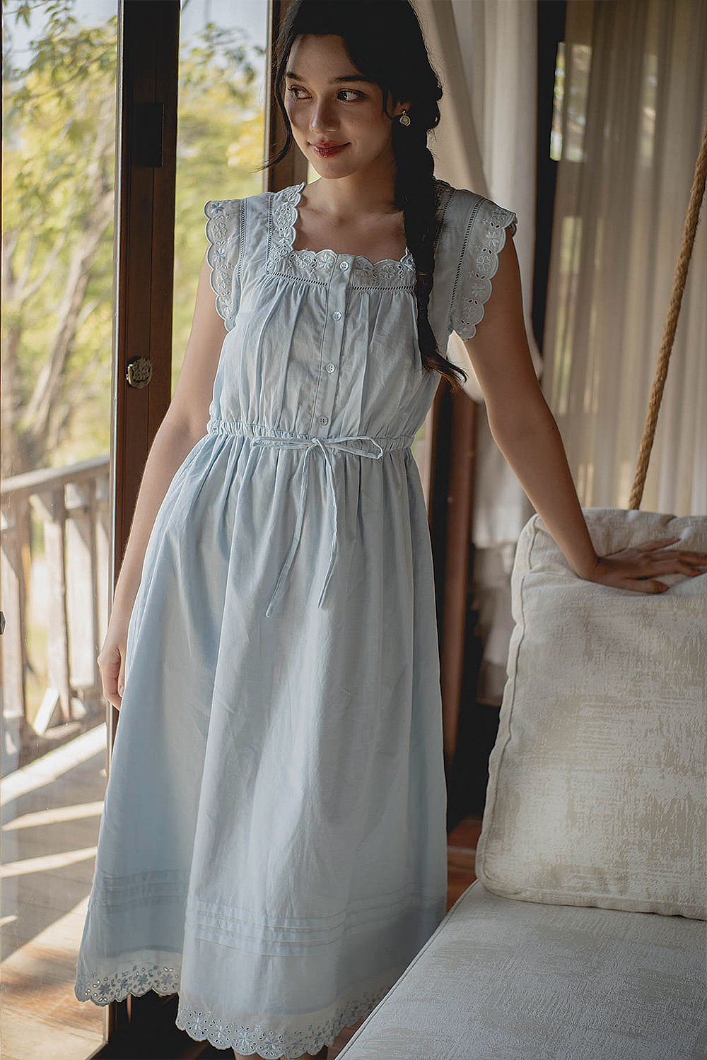 Clover Broderie Square Drawstring Dress (Ice Blue)