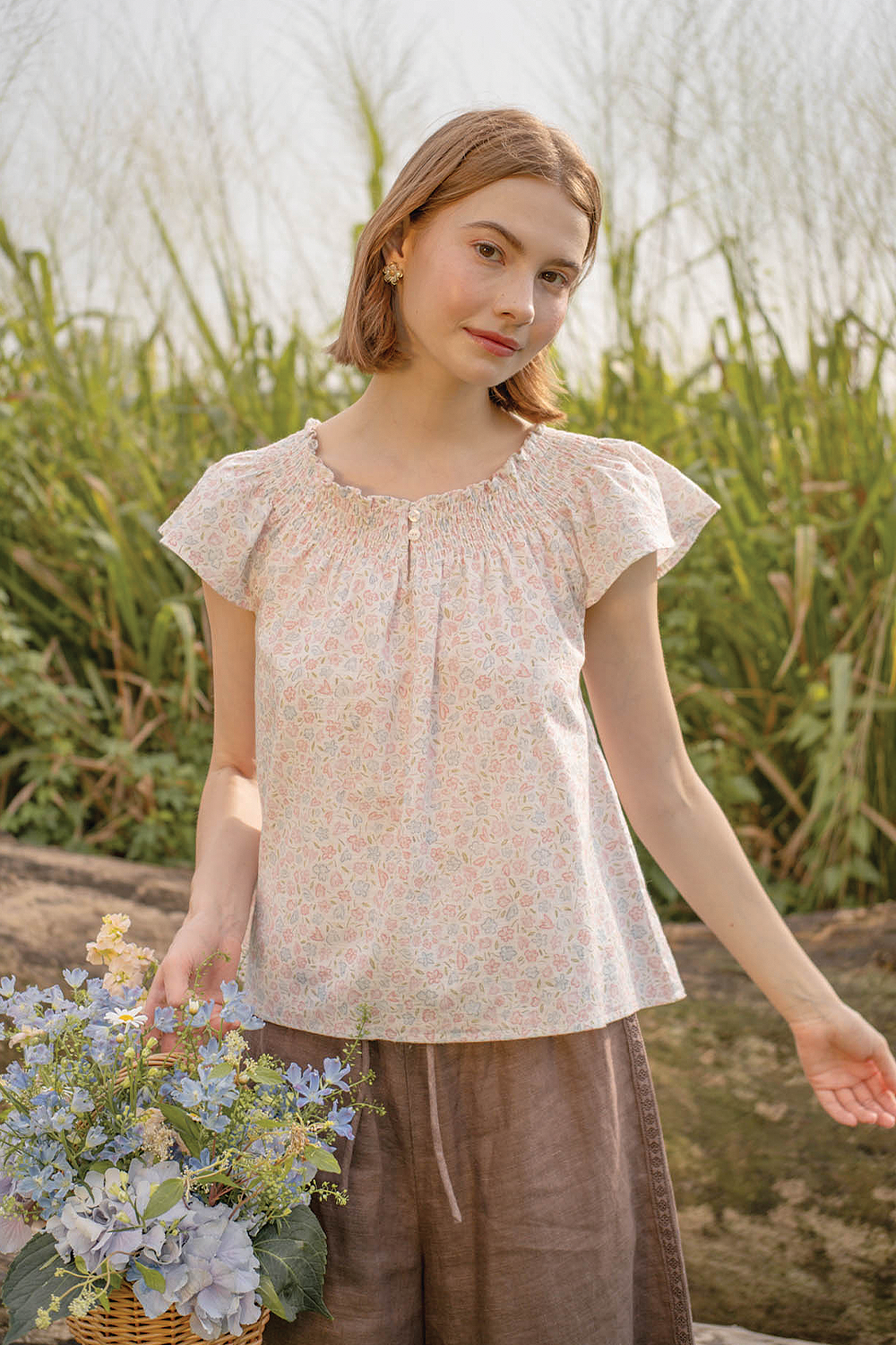 Hana Gathered Neck Blouse (Hydrangea Blue)