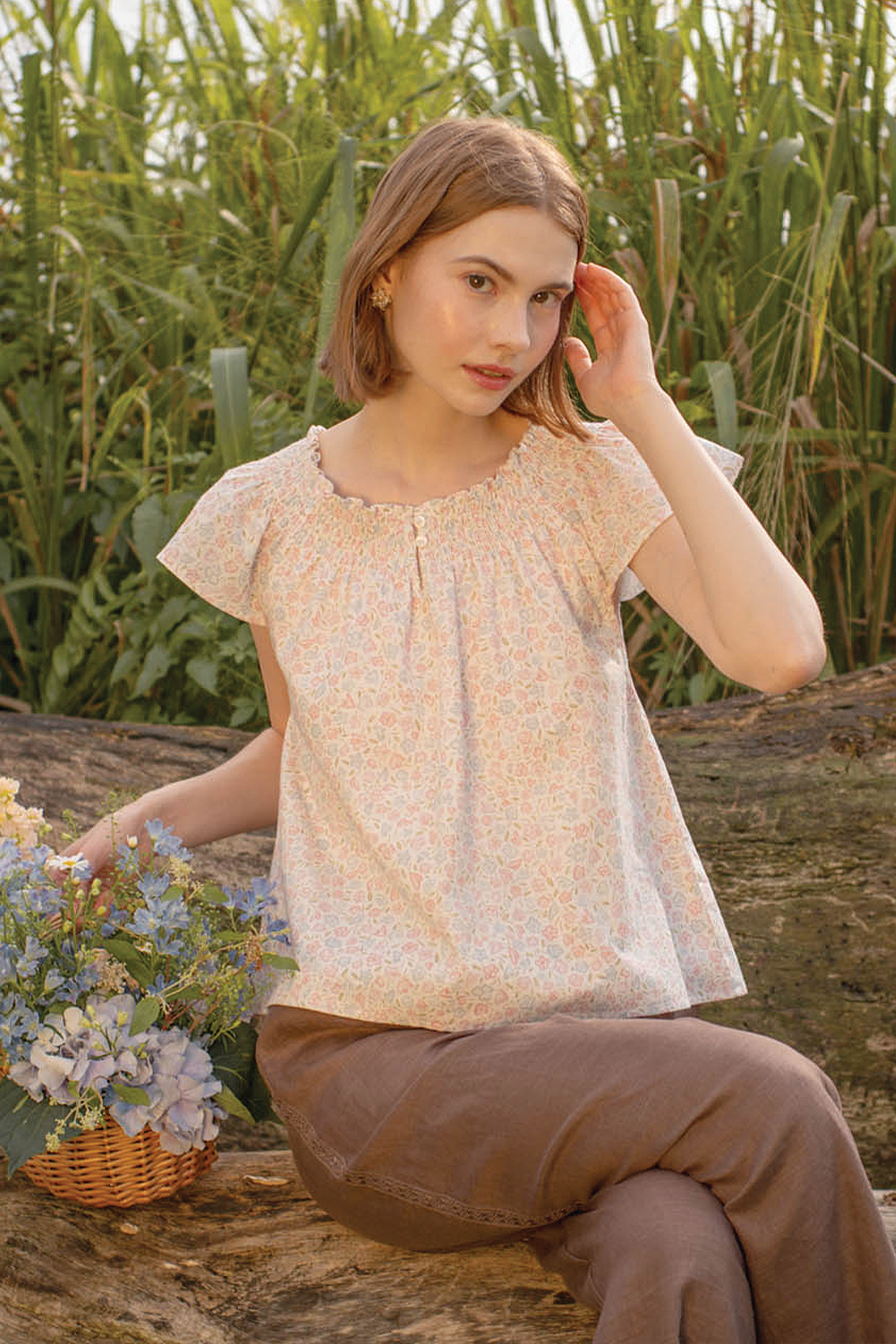 Hana Gathered Neck Blouse (Hydrangea Blue)