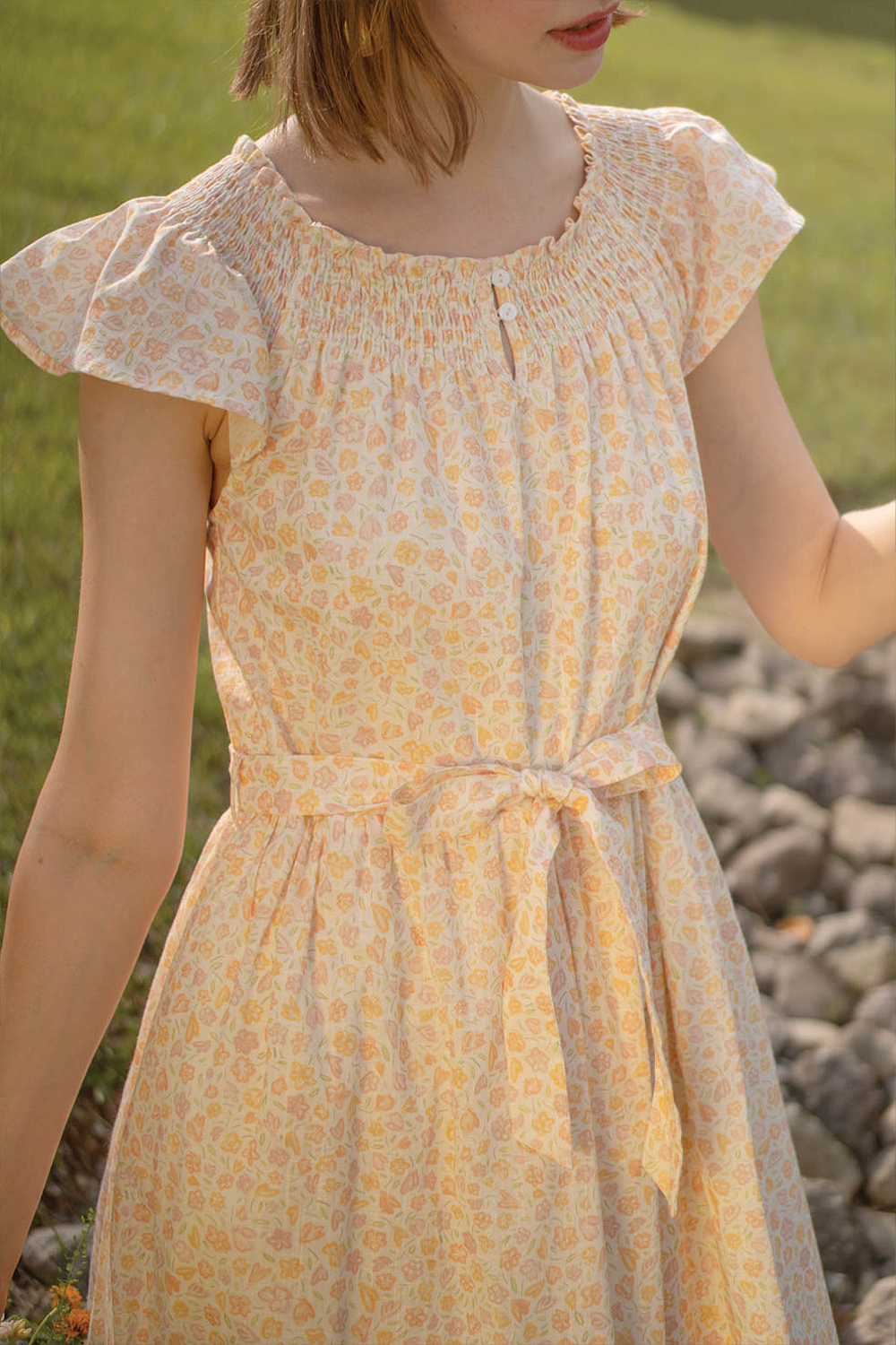 Hana Gathered Neck Dress (Primrose Yellow)