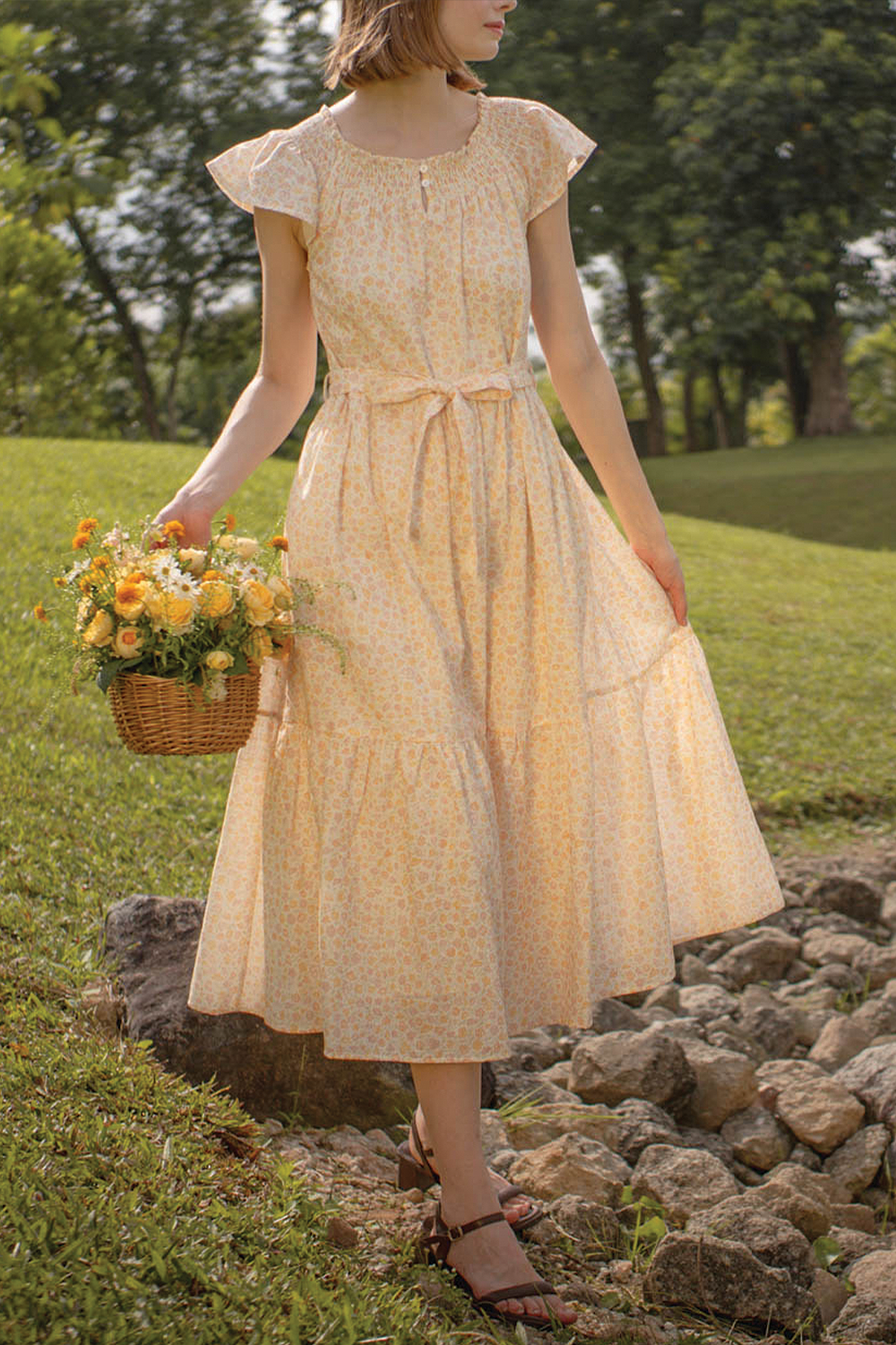 Hana Gathered Neck Dress (Primrose Yellow)