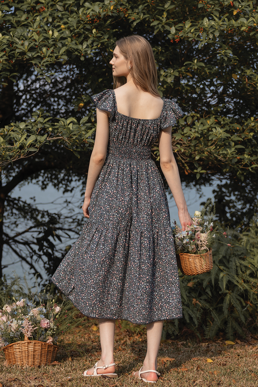 Bloom Flutter Shirred Dress (Navy)