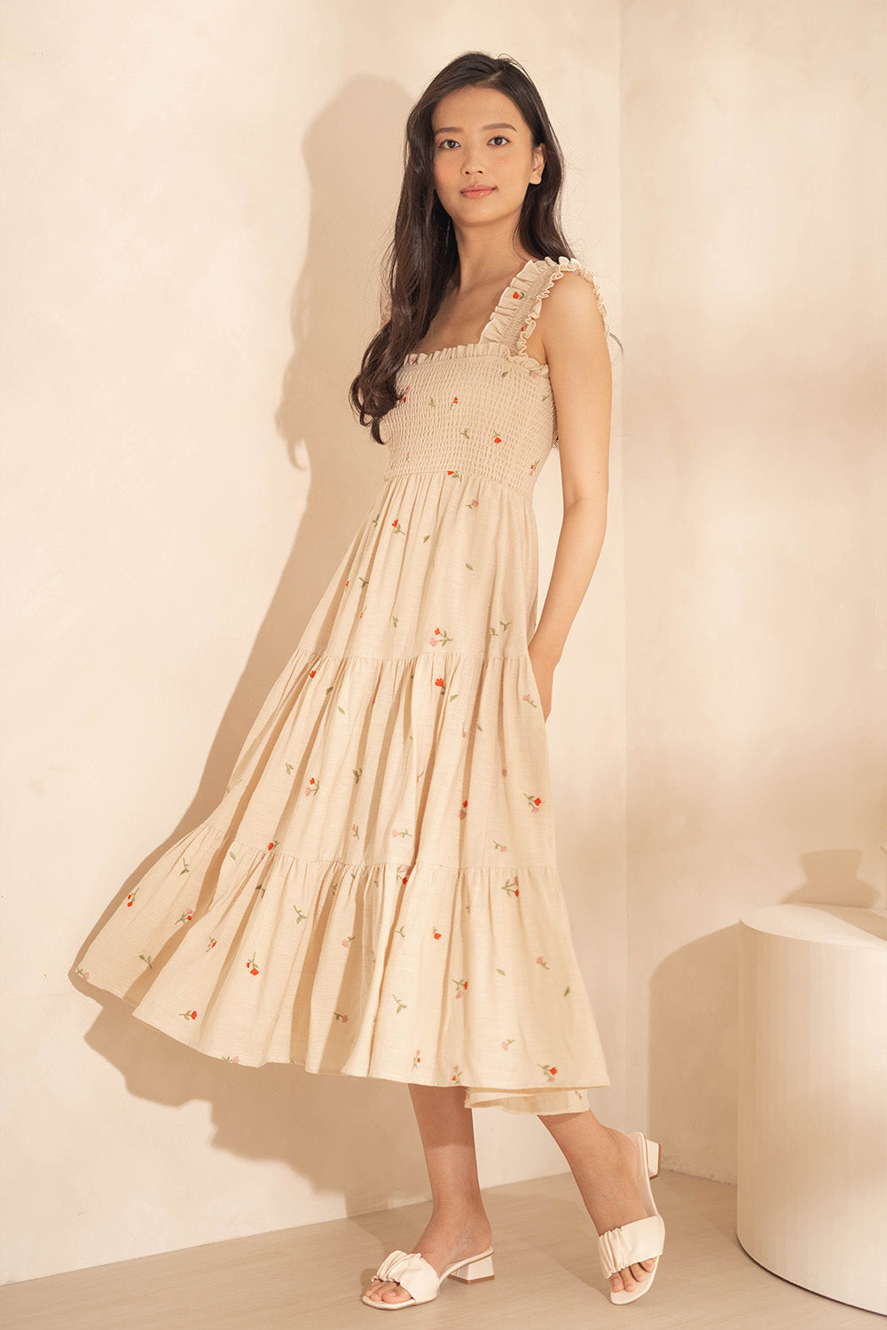 Chérie Shirred Tiered Midi Dress (Ivory)