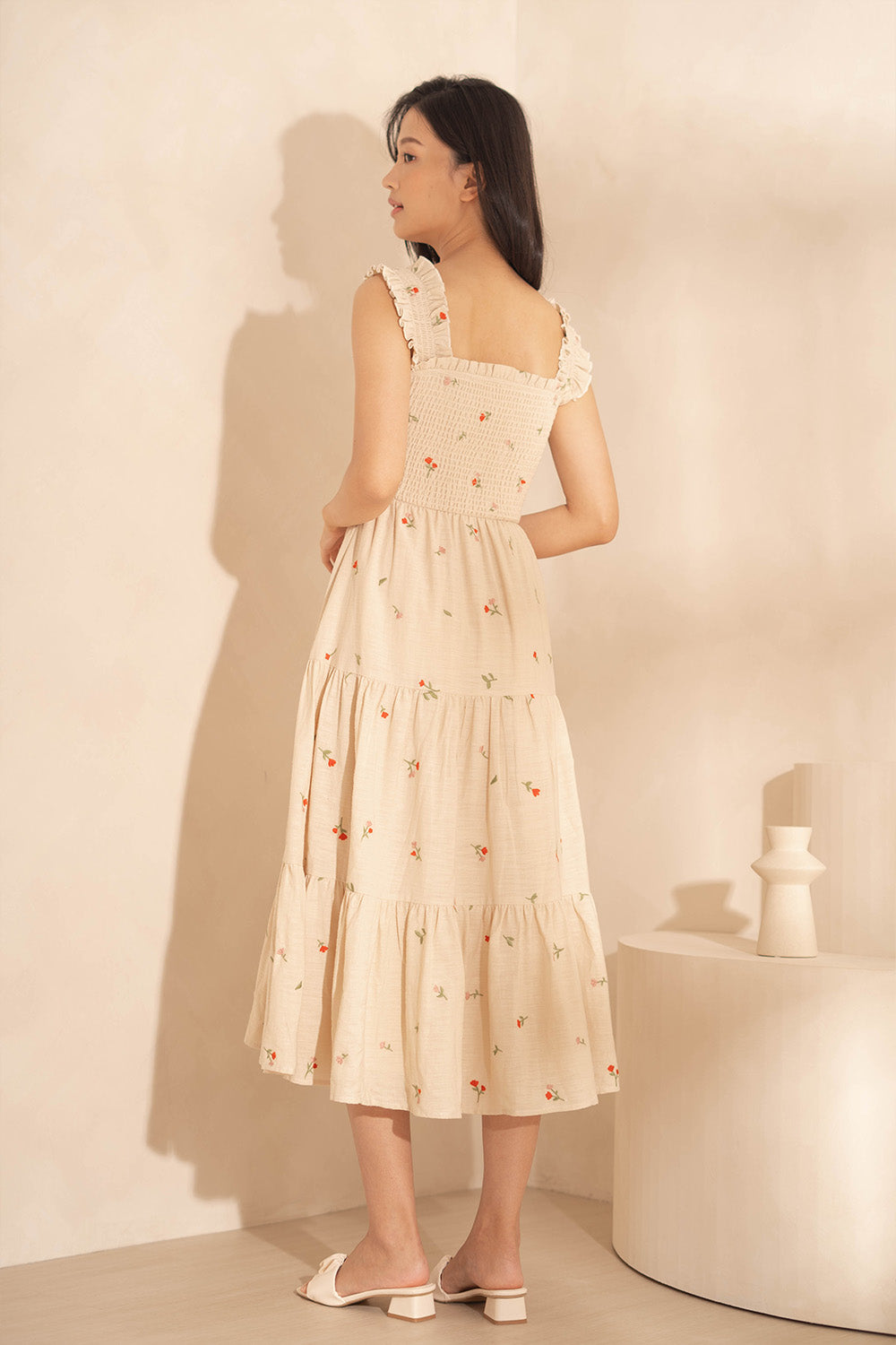 Chérie Shirred Tiered Midi Dress (Ivory)