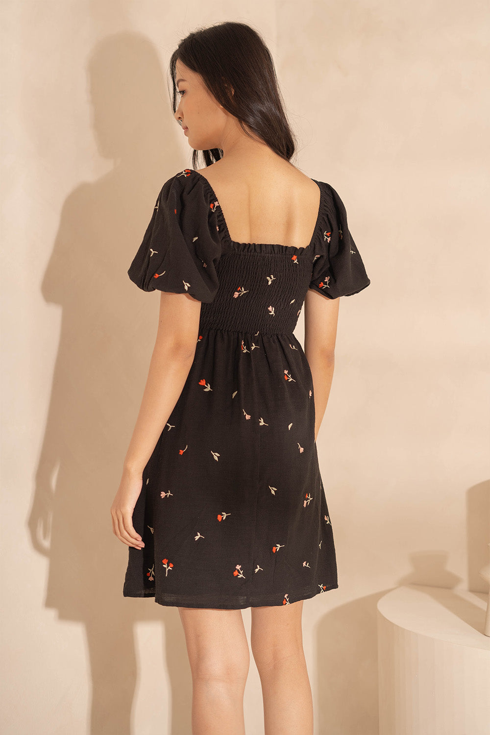 Chérie Shirred Puff Sleeve Dress (Black)