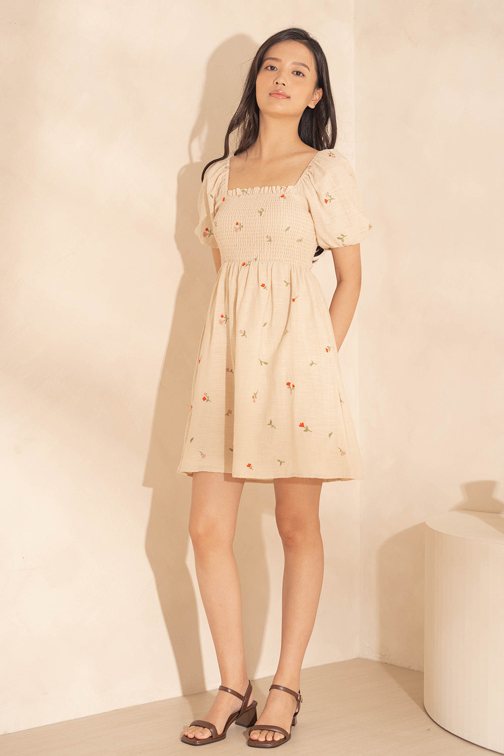 Chérie Shirred Puff Sleeve Dress (Ivory)