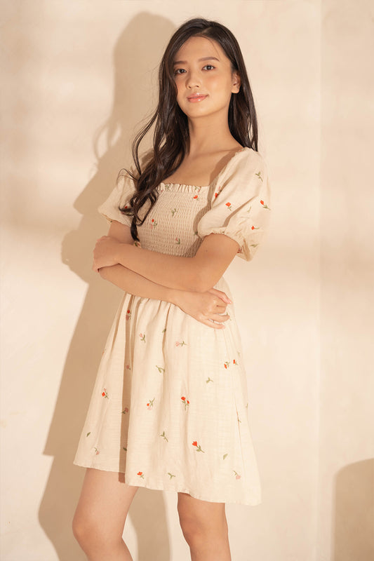 Chérie Shirred Puff Sleeve Dress (Ivory)
