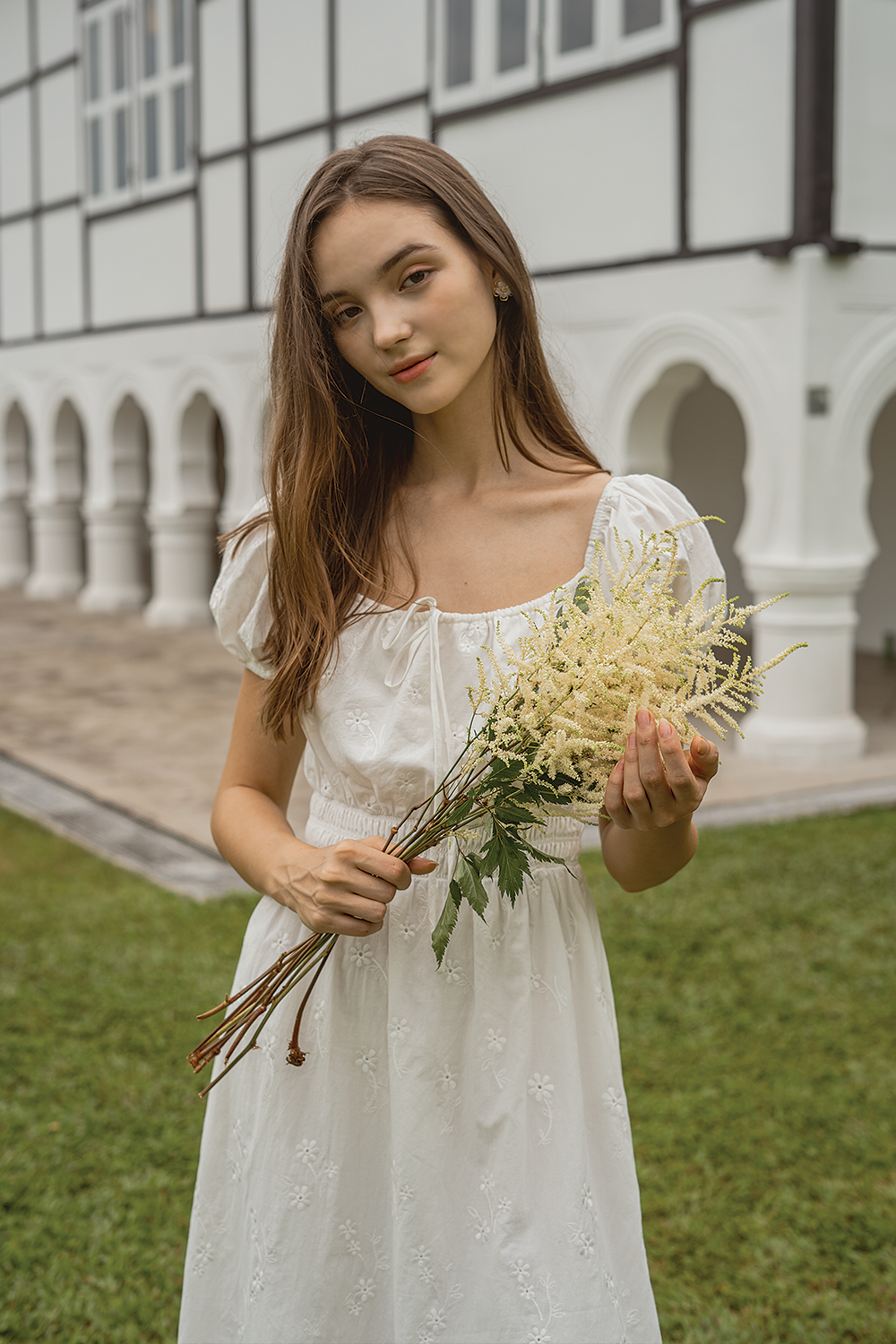 Meadows Broderie Bubble Sleeve Dress (White)