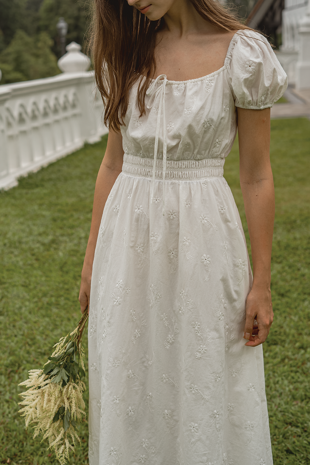 Meadows Broderie Bubble Sleeve Dress (White)