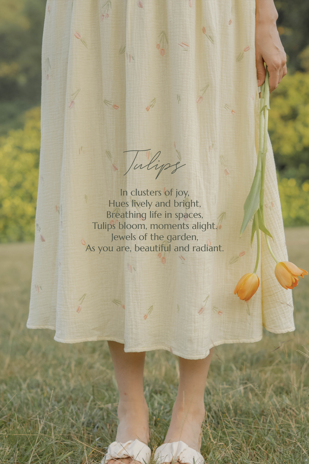 Tulips Embroidery Shirred Flutter Dress (Daylight)