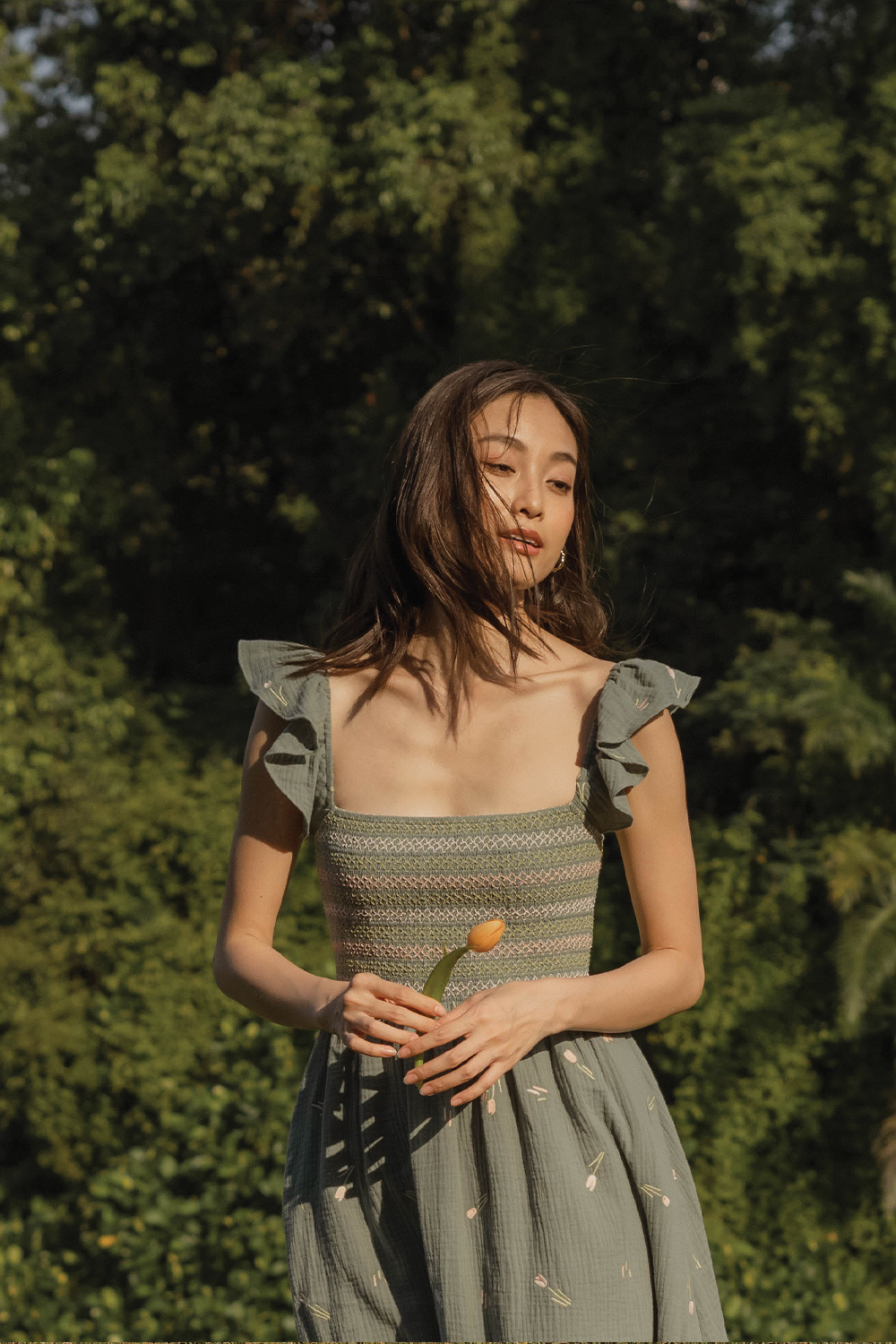 Tulips Embroidery Shirred Flutter Dress (Willow)