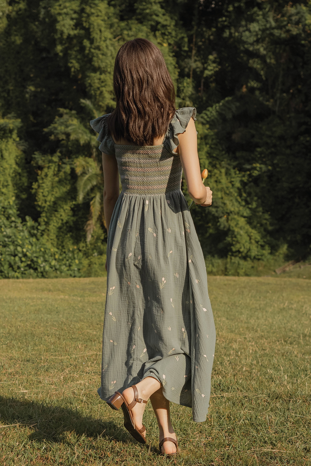 Tulips Embroidery Shirred Flutter Dress (Willow)