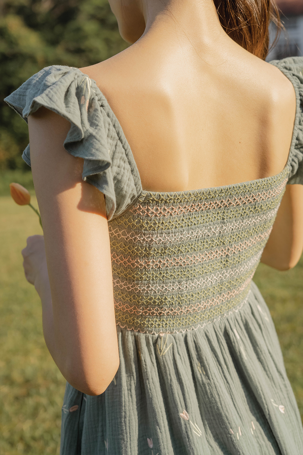 Tulips Embroidery Shirred Flutter Dress (Willow)