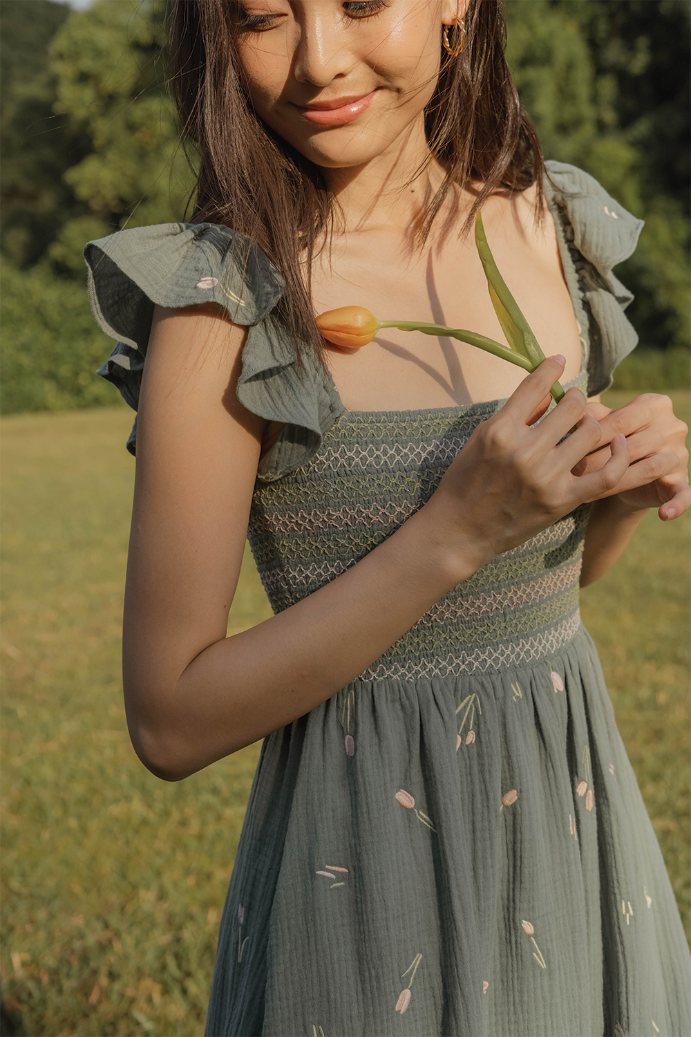Tulips Embroidery Shirred Flutter Dress (Willow)