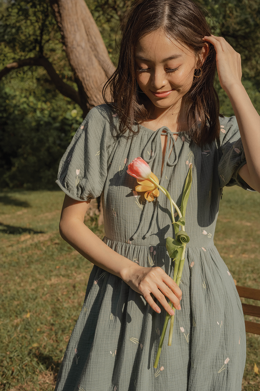 Tulips Embroidery Knotted Dress (Willow)