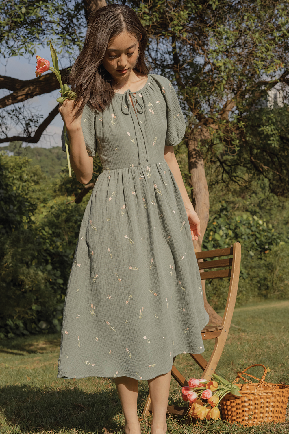 (Pre-order) Tulips Embroidery Knotted Dress (Willow)
