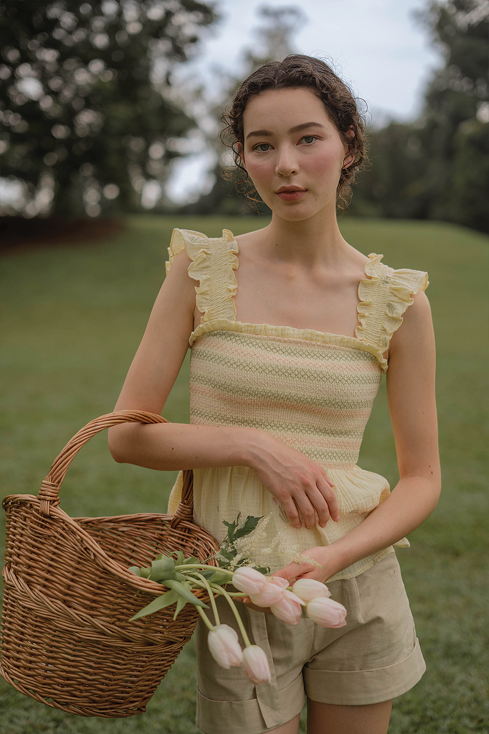 Tulips Embroidery Shirred Flutter Top (Daylight)