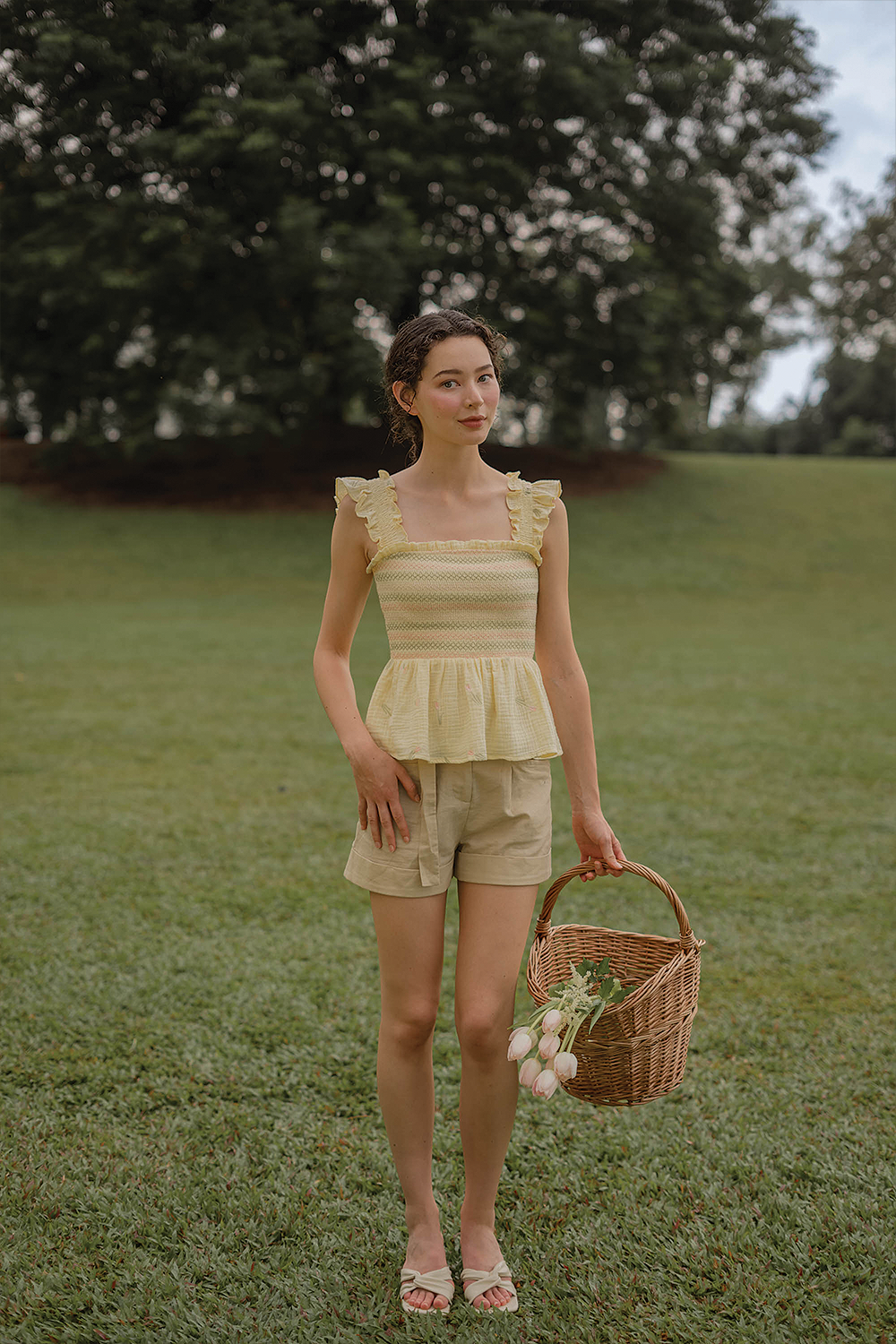 Tulips Embroidery Shirred Flutter Top (Daylight)
