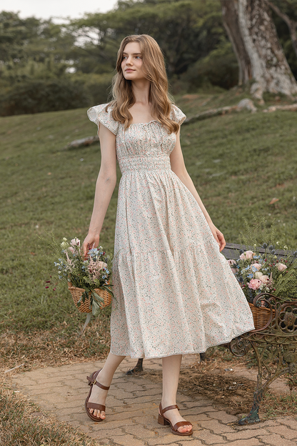 Bloom Flutter Shirred Dress (Ivory)