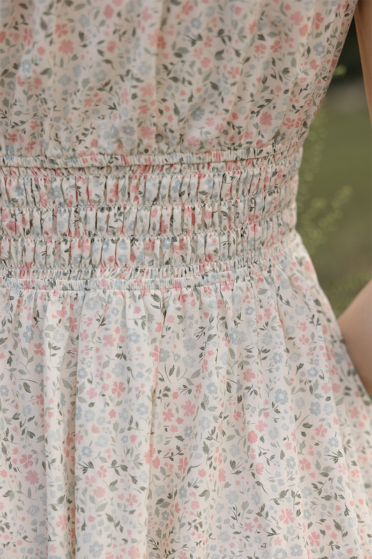 Bloom Flutter Shirred Dress (Ivory)