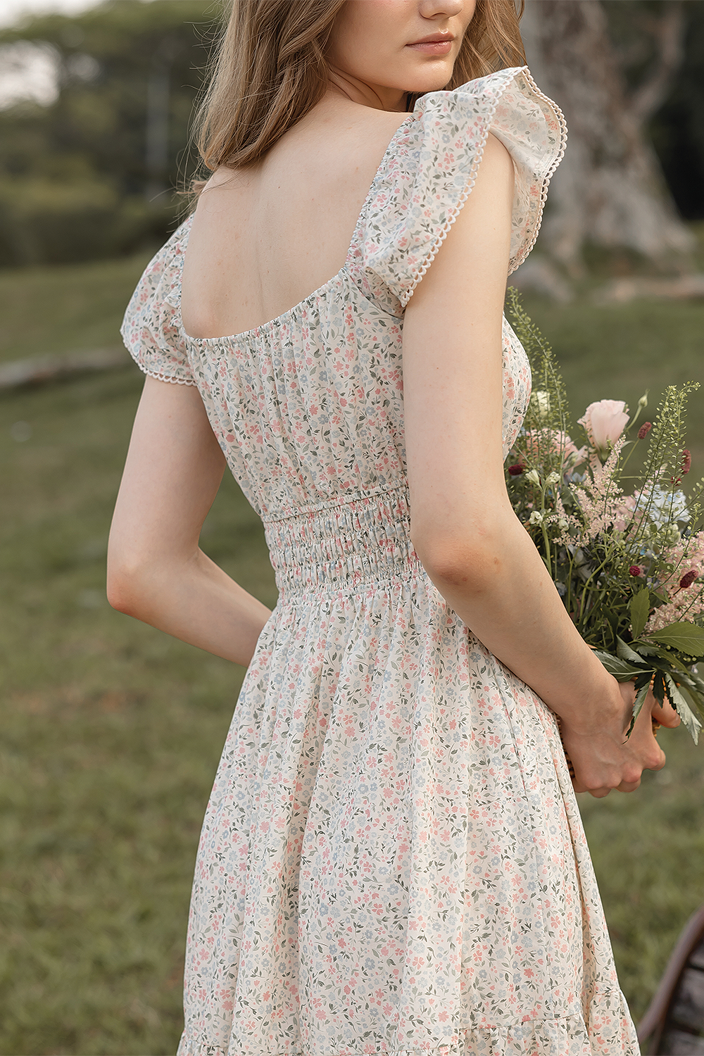 Bloom Flutter Shirred Dress (Ivory)
