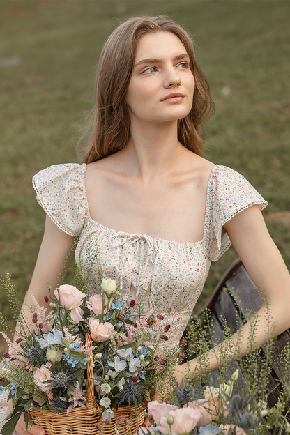 Bloom Flutter Shirred Dress (Ivory)