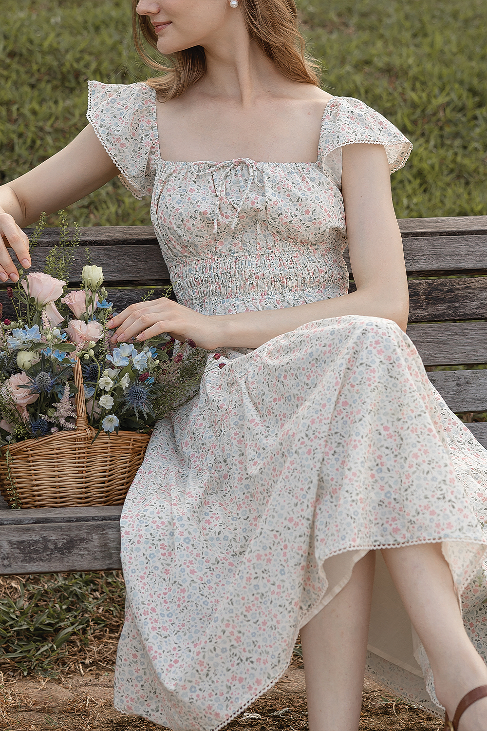 Bloom Flutter Shirred Dress (Ivory)