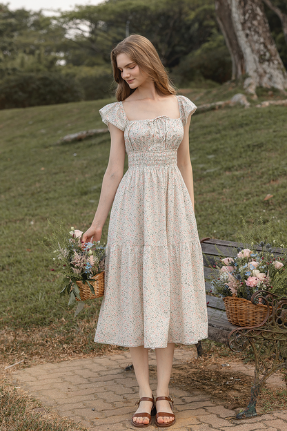 Bloom Flutter Shirred Dress (Ivory)
