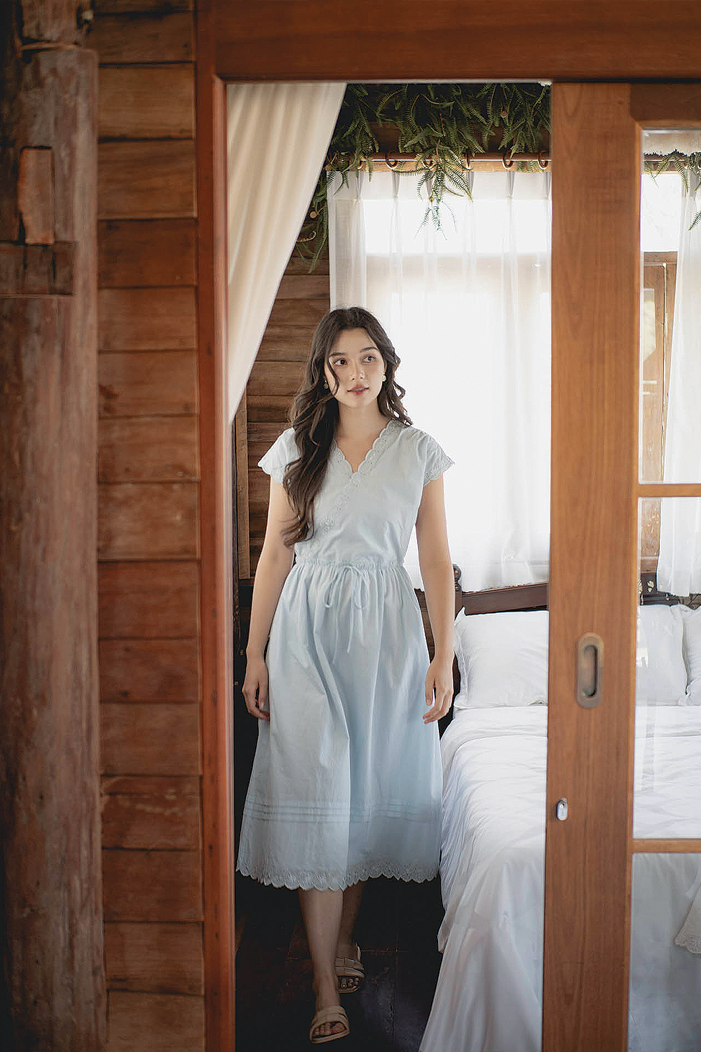 Clover Broderie Relaxed Drawstring Dress (Ice Blue)