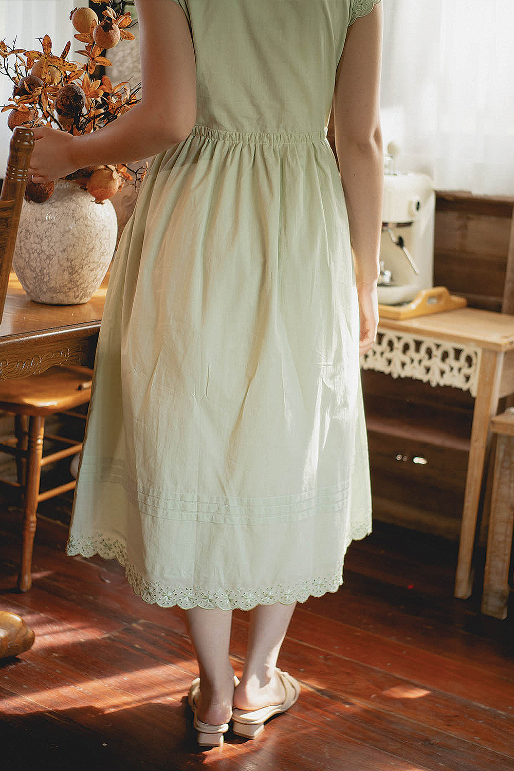 Clover Broderie Relaxed Drawstring Dress (Sage)