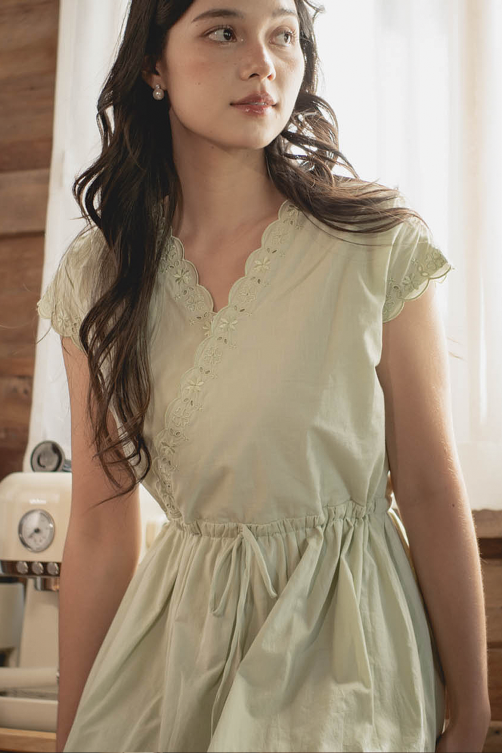 Clover Broderie Relaxed Drawstring Dress (Sage)