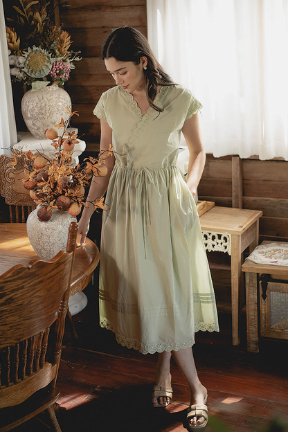 Clover Broderie Relaxed Drawstring Dress (Sage)