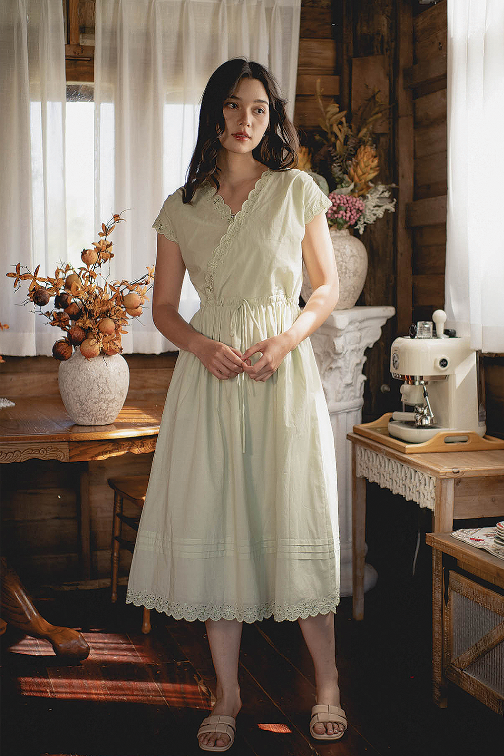 Clover Broderie Relaxed Drawstring Dress (Sage)