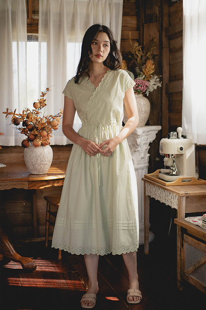 Clover Broderie Relaxed Drawstring Dress (Sage)