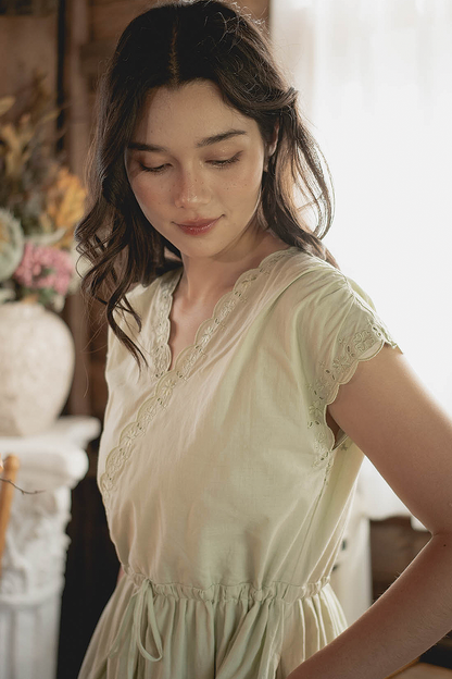Clover Broderie Relaxed Drawstring Dress (Sage)