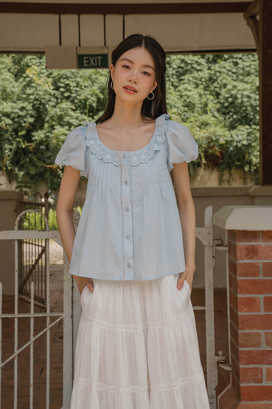 Clover Broderie Scallop Blouse (Ice Blue)