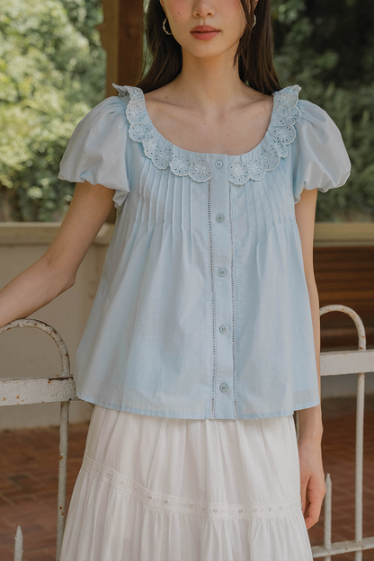 Clover Broderie Scallop Blouse (Ice Blue)