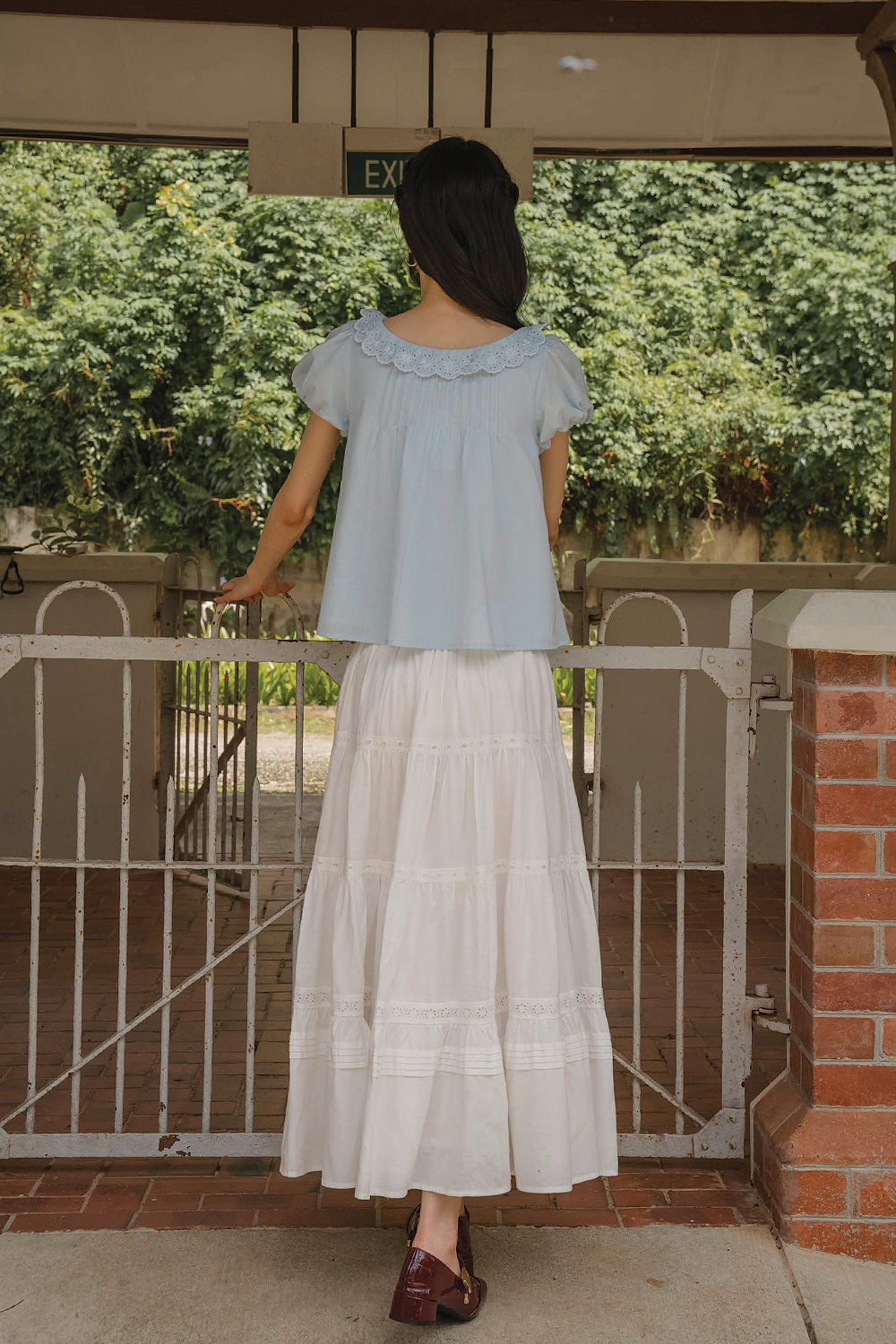 Clover Broderie Scallop Blouse (Ice Blue)