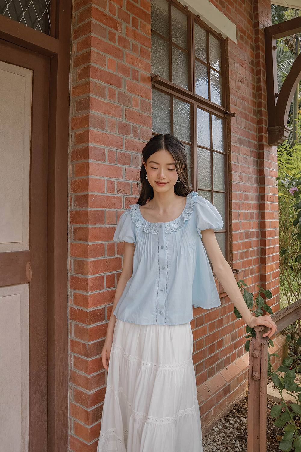 Clover Broderie Scallop Blouse (Ice Blue)