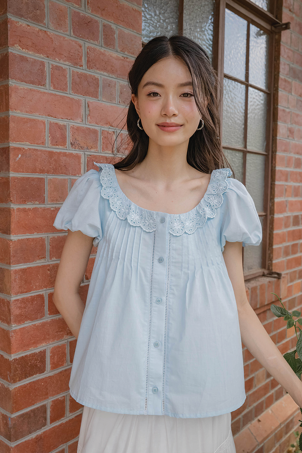 Clover Broderie Scallop Blouse (Ice Blue)