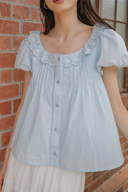 Clover Broderie Scallop Blouse (Ice Blue)