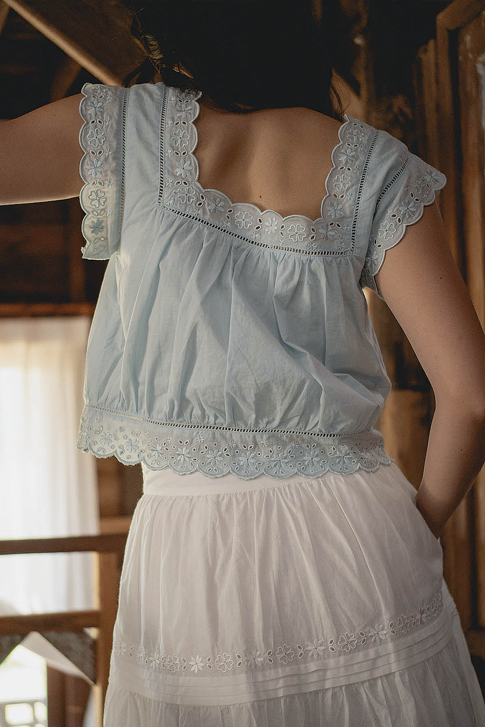 Clover Broderie Square Blouse (Ice Blue)