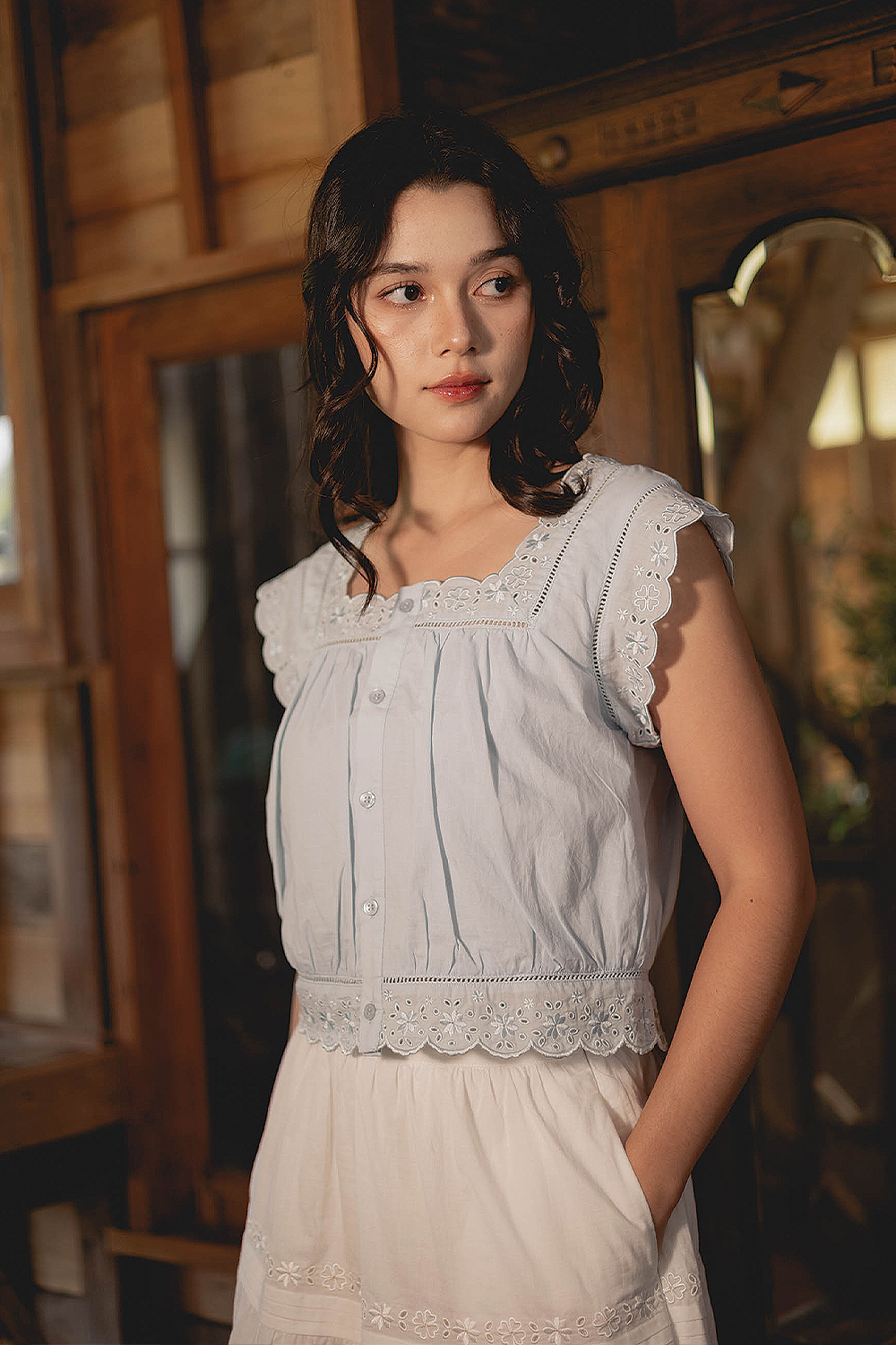 Clover Broderie Square Blouse (Ice Blue)