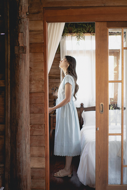 Clover Broderie Relaxed Drawstring Dress (Ice Blue)