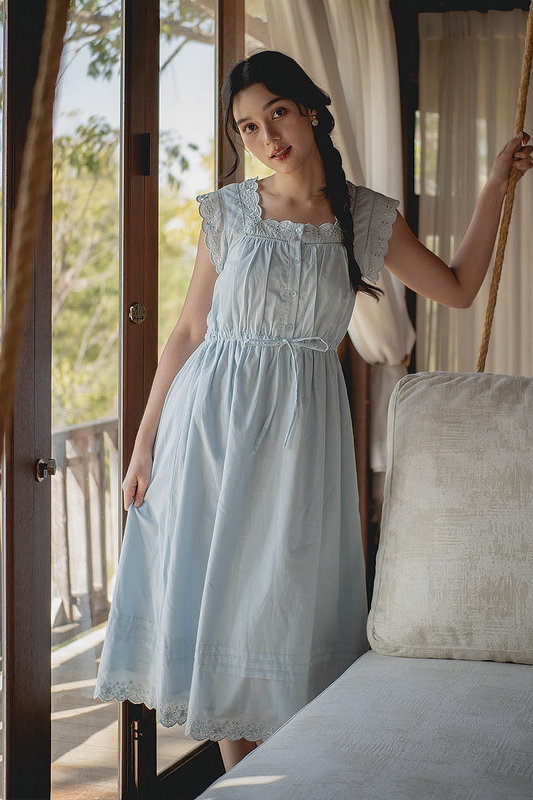 Clover Broderie Square Drawstring Dress (Ice Blue)