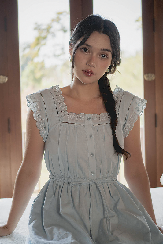 Clover Broderie Square Drawstring Dress (Ice Blue)