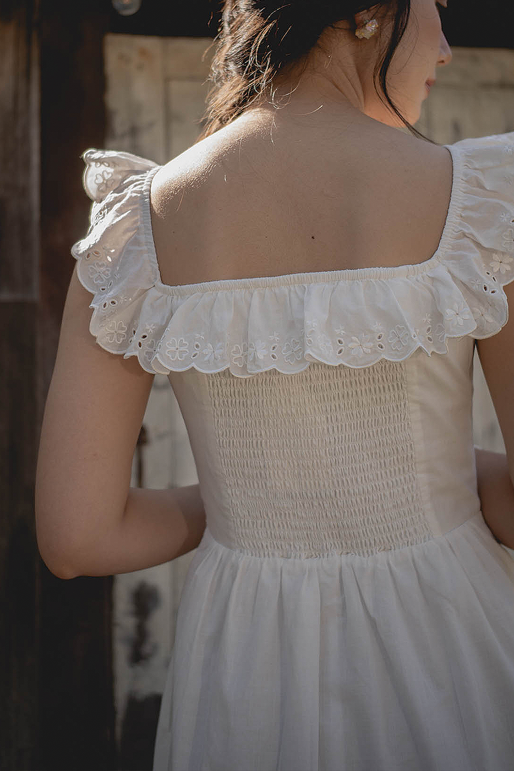Clover Broderie Square Ruffle Dress (White)